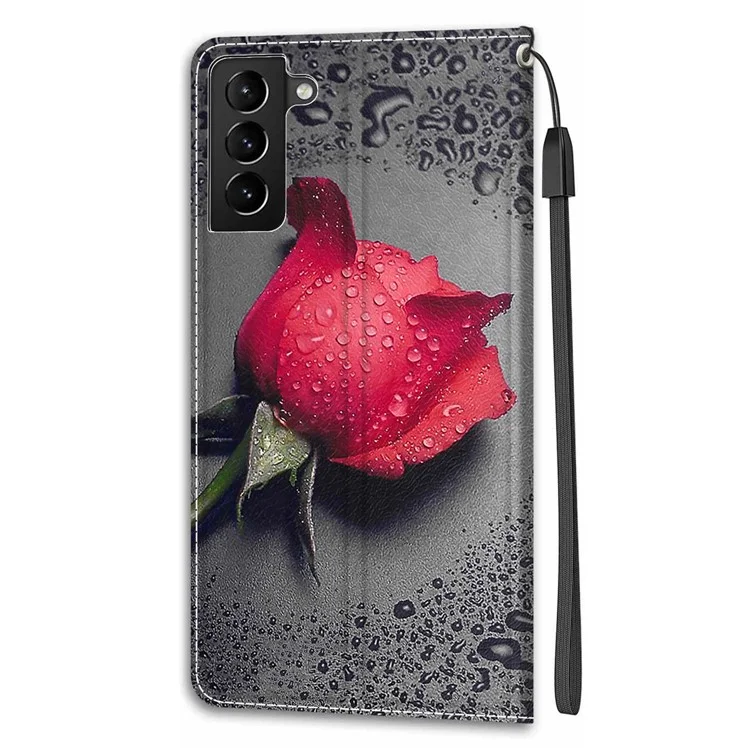 Anti-scratch Mobile Phone Shell Pattern Printing PU Leather Stand Card Holder Phone Case with Wrist Strap for Samsung Galaxy S22+ 5G - C14 Red Rose