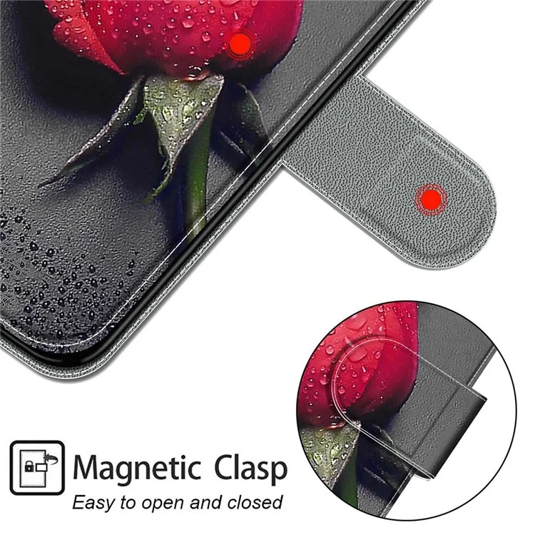 Anti-scratch Mobile Phone Shell Pattern Printing PU Leather Stand Card Holder Phone Case with Wrist Strap for Samsung Galaxy S22+ 5G - C14 Red Rose