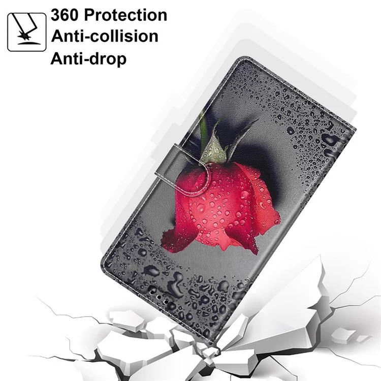 Anti-scratch Mobile Phone Shell Pattern Printing PU Leather Stand Card Holder Phone Case with Wrist Strap for Samsung Galaxy S22+ 5G - C14 Red Rose