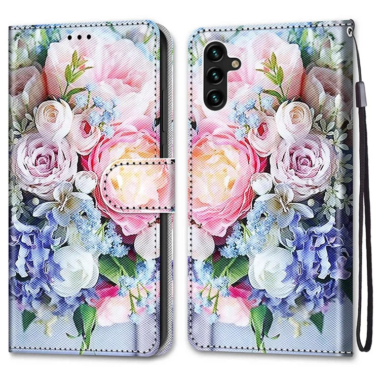 Capa Carteira de Couro PU com Padrão de Impressão de Proteção Total do Corpo, Suporte Flip com Alça para Samsung Galaxy A13 5G / A04s 4G (164,7 x 76,7 x 9,1 mm) - B16 Light Pink Bouquet