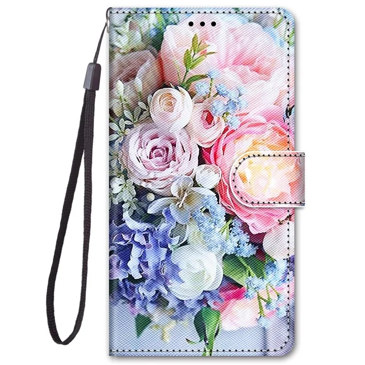 Capa Carteira de Couro PU com Padrão de Impressão de Proteção Total do Corpo, Suporte Flip com Alça para Samsung Galaxy A13 5G / A04s 4G (164,7 x 76,7 x 9,1 mm) - B16 Light Pink Bouquet