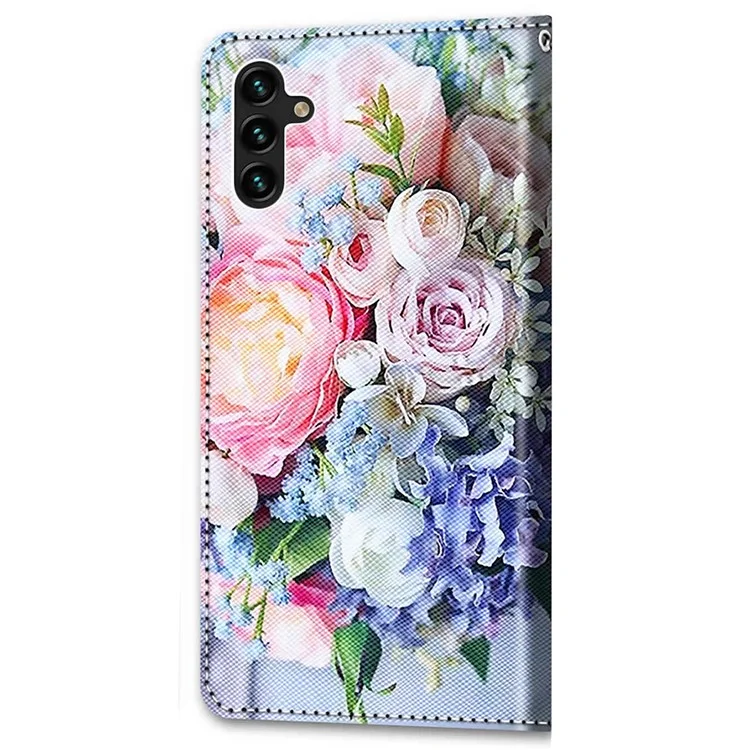 Capa Carteira de Couro PU com Padrão de Impressão de Proteção Total do Corpo, Suporte Flip com Alça para Samsung Galaxy A13 5G / A04s 4G (164,7 x 76,7 x 9,1 mm) - B16 Light Pink Bouquet