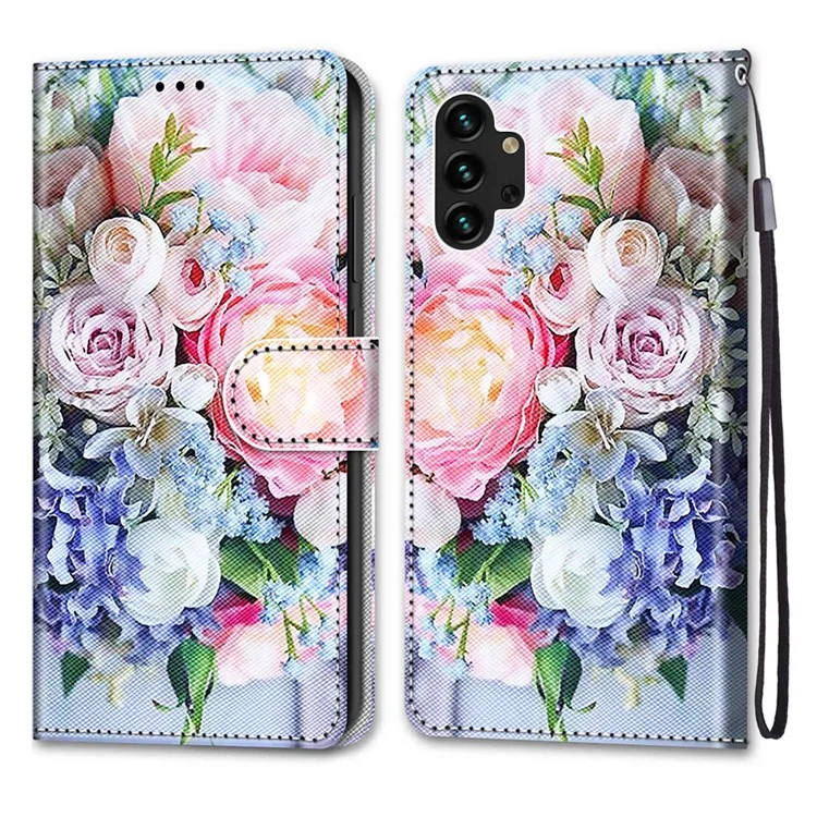 For Samsung Galaxy A13 4G Leather Case Pattern Printing Stand Wallet Cover - B16 Light Pink Bouquet