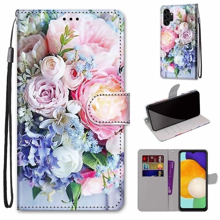 For Samsung Galaxy A13 4G Leather Case Pattern Printing Stand Wallet Cover - B16 Light Pink Bouquet