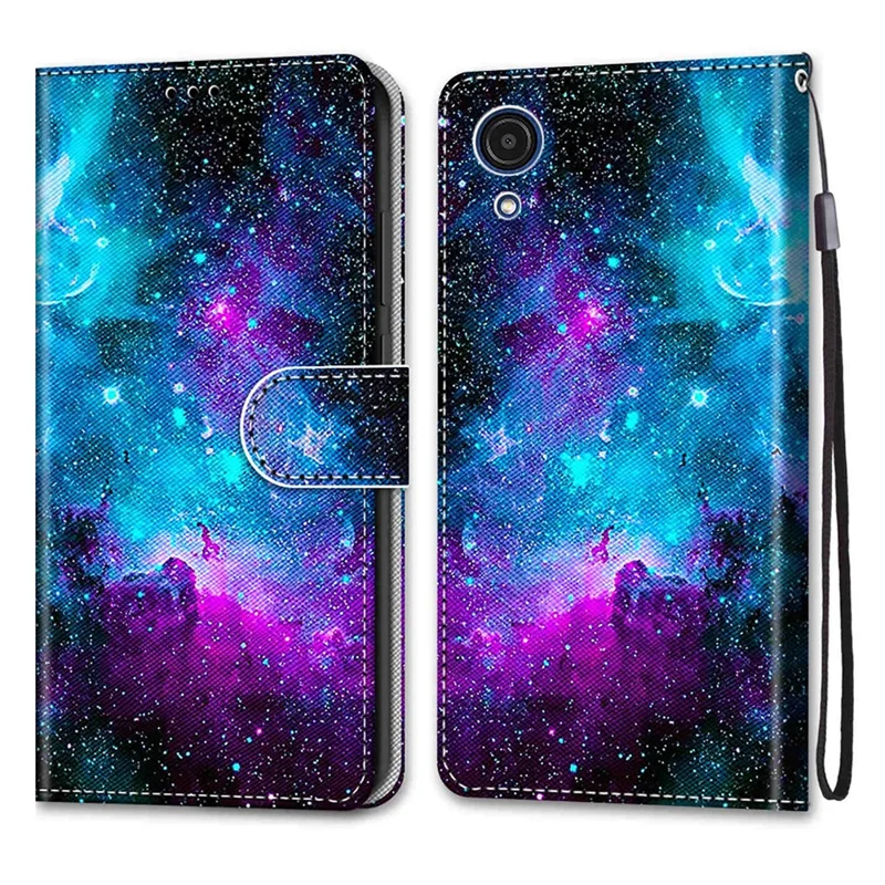 Pattern Printing PU Leather Flip Cover Shockproof TPU Stand Wallet Phone Case with Strap for Samsung Galaxy A03 Core - Purple/Green Starry Sky