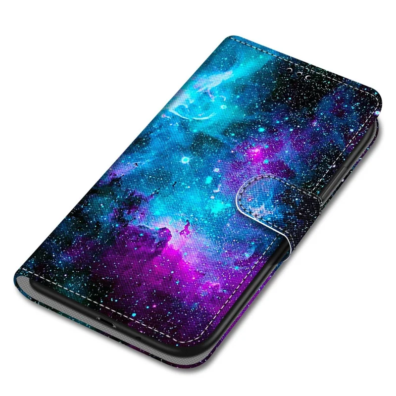 Pattern Printing PU Leather Flip Cover Shockproof TPU Stand Wallet Phone Case with Strap for Samsung Galaxy A03 Core - Purple/Green Starry Sky