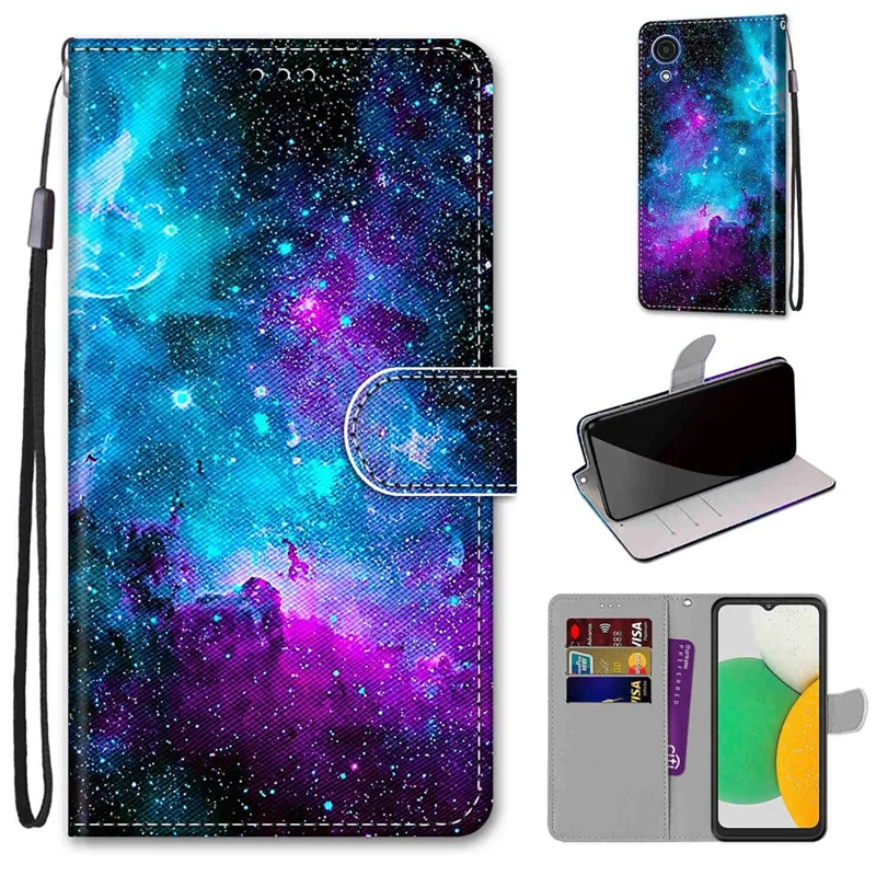 Pattern Printing PU Leather Flip Cover Shockproof TPU Stand Wallet Phone Case with Strap for Samsung Galaxy A03 Core - Purple/Green Starry Sky