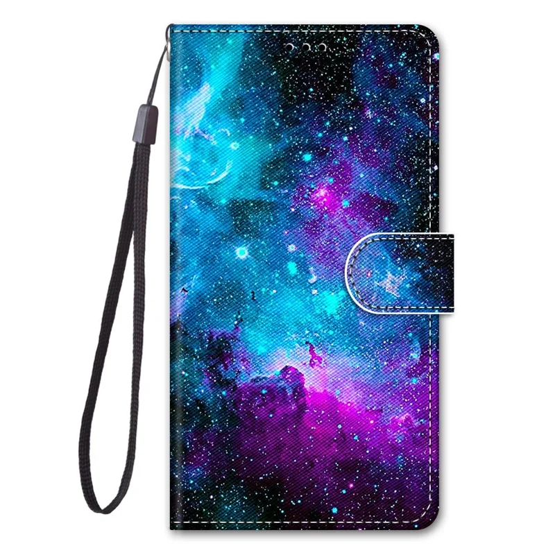 Pattern Printing PU Leather Flip Cover Shockproof TPU Stand Wallet Phone Case with Strap for Samsung Galaxy A03 Core - Purple/Green Starry Sky