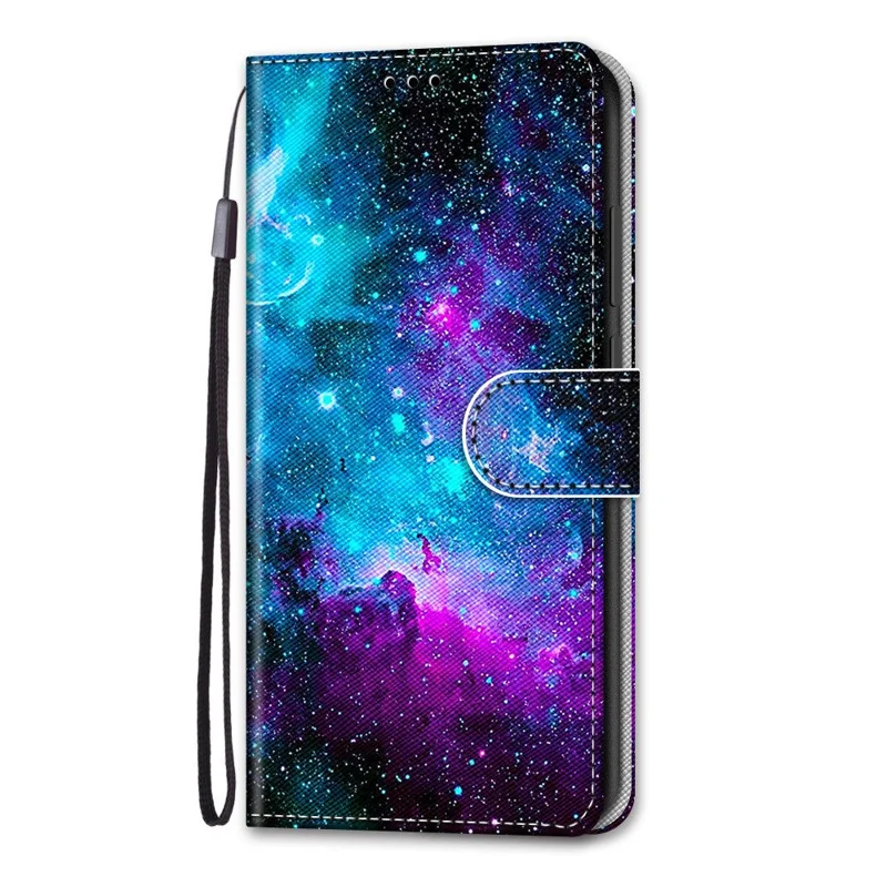 Pattern Printing PU Leather Flip Cover Shockproof TPU Stand Wallet Phone Case with Strap for Samsung Galaxy A03 Core - Purple/Green Starry Sky
