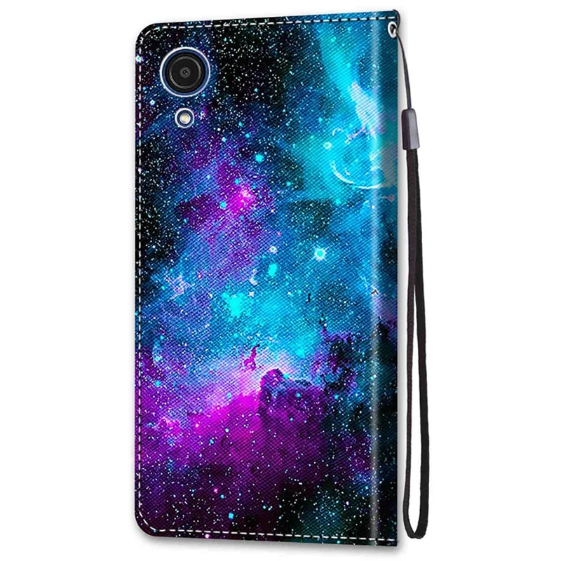 Pattern Printing PU Leather Flip Cover Shockproof TPU Stand Wallet Phone Case with Strap for Samsung Galaxy A03 Core - Purple/Green Starry Sky