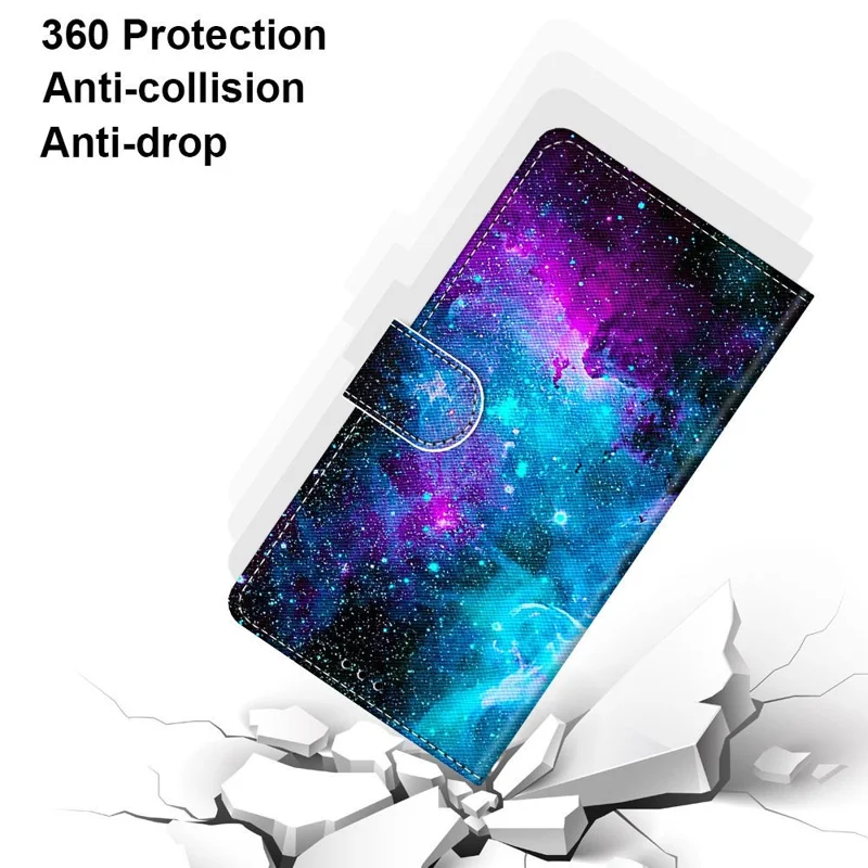 Pattern Printing PU Leather Flip Cover Shockproof TPU Stand Wallet Phone Case with Strap for Samsung Galaxy A03 Core - Purple/Green Starry Sky