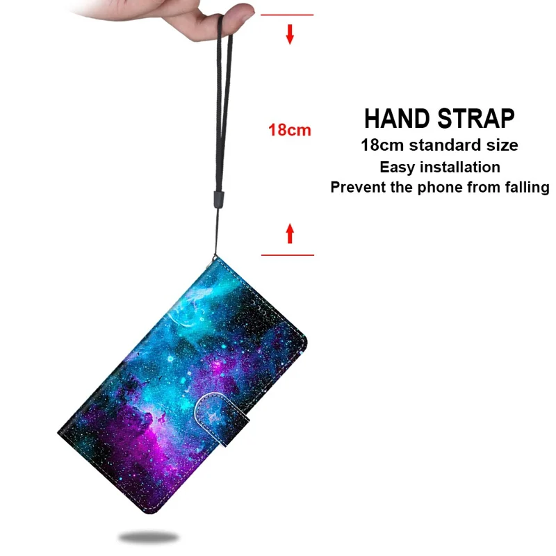 Pattern Printing PU Leather Flip Cover Shockproof TPU Stand Wallet Phone Case with Strap for Samsung Galaxy A03 Core - Purple/Green Starry Sky