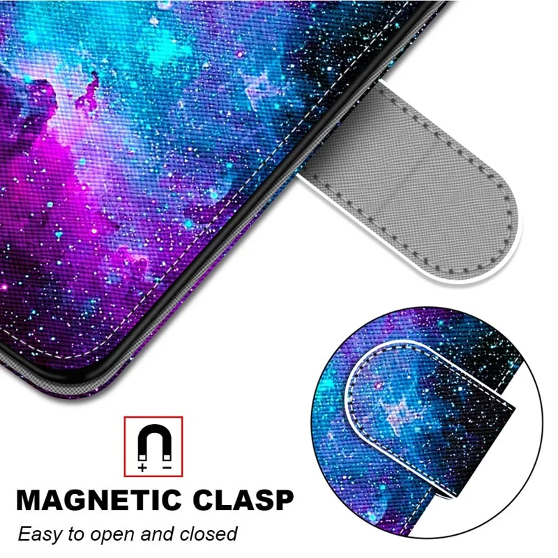 Pattern Printing PU Leather Flip Cover Shockproof TPU Stand Wallet Phone Case with Strap for Samsung Galaxy A03 Core - Purple/Green Starry Sky