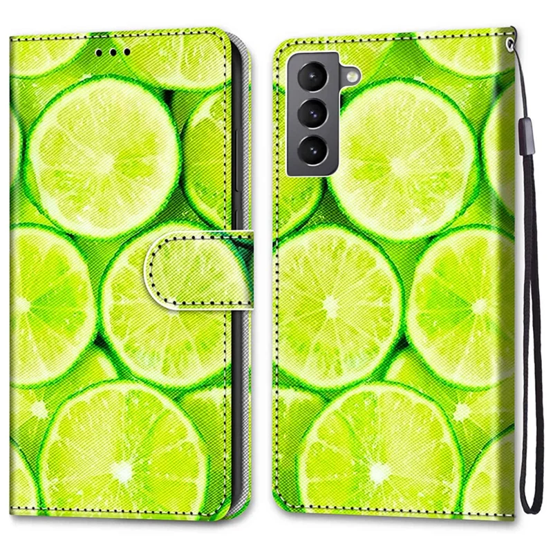 Fully-wrapped Pattern Printing Phone Case PU Leather + TPU Phone Cover with Stand Wallet Strap for Samsung Galaxy S22 5G - B02 Lime