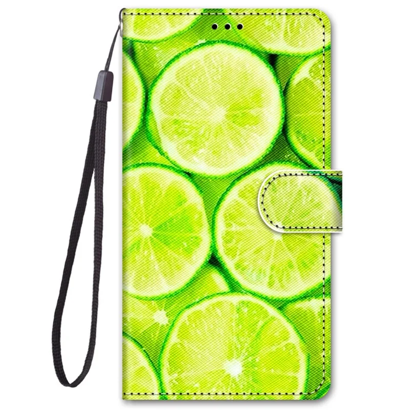 Fully-wrapped Pattern Printing Phone Case PU Leather + TPU Phone Cover with Stand Wallet Strap for Samsung Galaxy S22 5G - B02 Lime