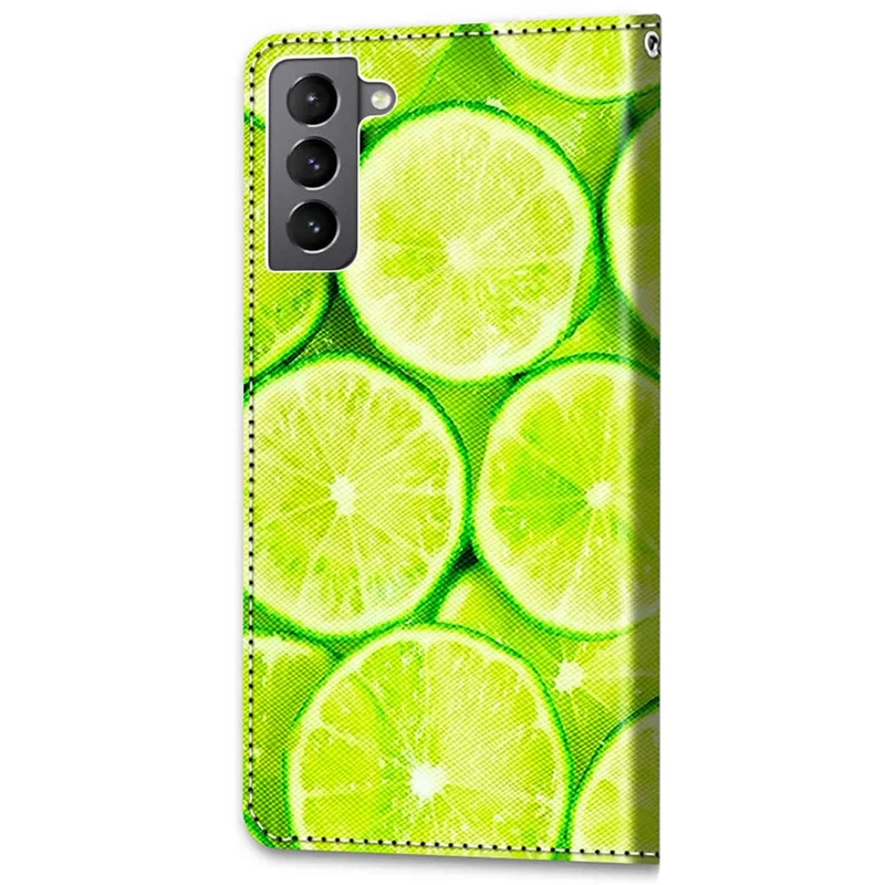 Fully-wrapped Pattern Printing Phone Case PU Leather + TPU Phone Cover with Stand Wallet Strap for Samsung Galaxy S22 5G - B02 Lime