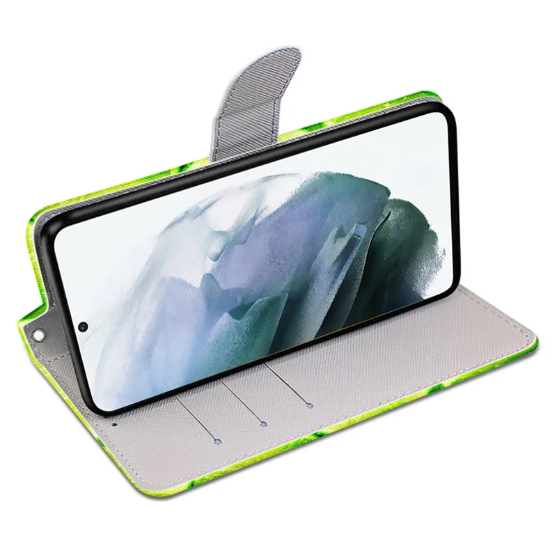 Fully-wrapped Pattern Printing Phone Case PU Leather + TPU Phone Cover with Stand Wallet Strap for Samsung Galaxy S22 5G - B02 Lime