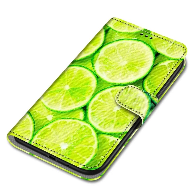 Fully-wrapped Pattern Printing Phone Case PU Leather + TPU Phone Cover with Stand Wallet Strap for Samsung Galaxy S22 5G - B02 Lime