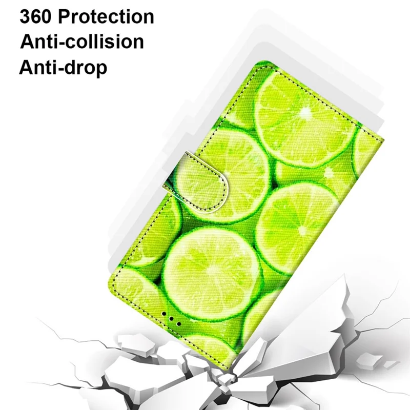 Fully-wrapped Pattern Printing Phone Case PU Leather + TPU Phone Cover with Stand Wallet Strap for Samsung Galaxy S22 5G - B02 Lime