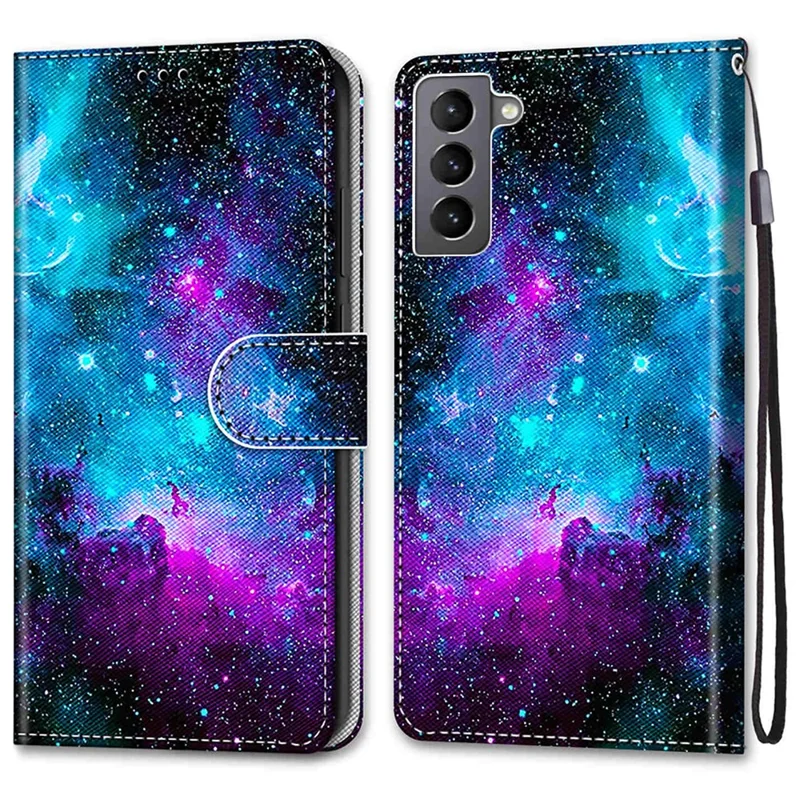 Fully-wrapped Pattern Printing Phone Case PU Leather + TPU Phone Cover with Stand Wallet Strap for Samsung Galaxy S22 5G - B15 Starry Night