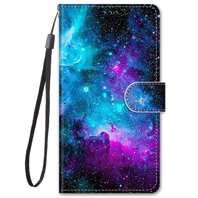 Fully-wrapped Pattern Printing Phone Case PU Leather + TPU Phone Cover with Stand Wallet Strap for Samsung Galaxy S22 5G - B15 Starry Night