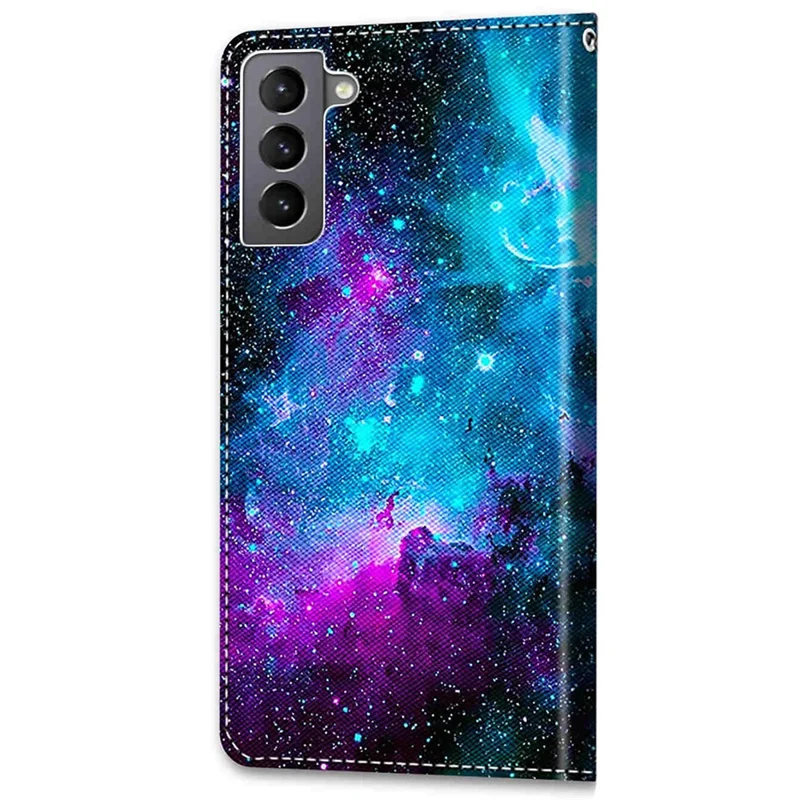 Fully-wrapped Pattern Printing Phone Case PU Leather + TPU Phone Cover with Stand Wallet Strap for Samsung Galaxy S22 5G - B15 Starry Night