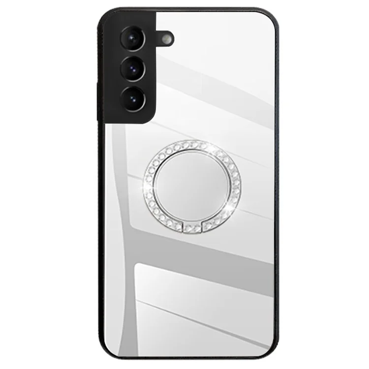 Mirror Design Ring-förmiger Kickstand Stylisher Nicht Fingerabdruck TPU + PC Hybrid Cover Case für Samsung Galaxy S22 5G - Silber