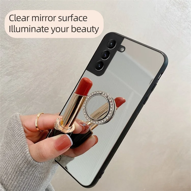 Mirror Design Ring-förmiger Kickstand Stylisher Nicht Fingerabdruck TPU + PC Hybrid Cover Case für Samsung Galaxy S22 5G - Silber