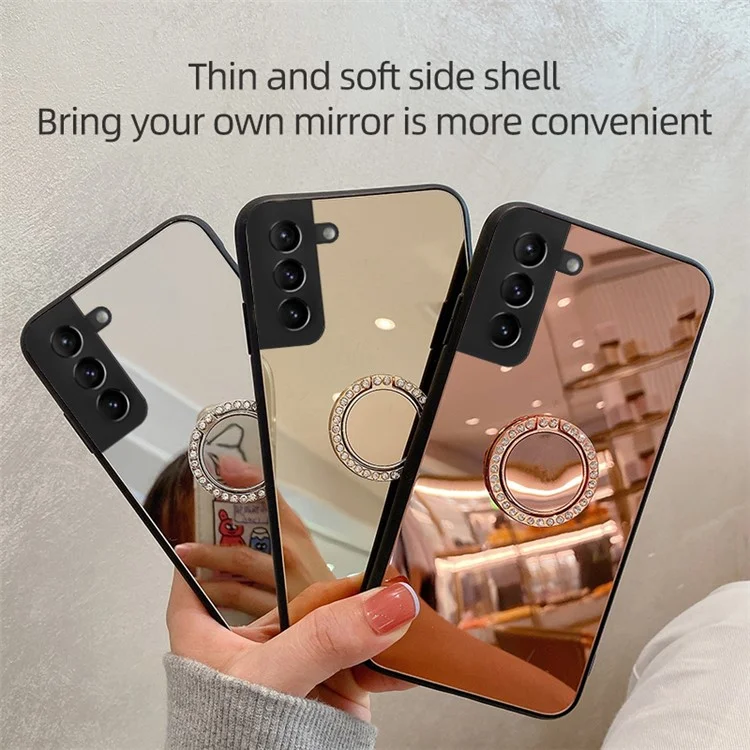 Mirror Design Ring-förmiger Kickstand Stylisher Nicht Fingerabdruck TPU + PC Hybrid Cover Case für Samsung Galaxy S22 5G - Silber