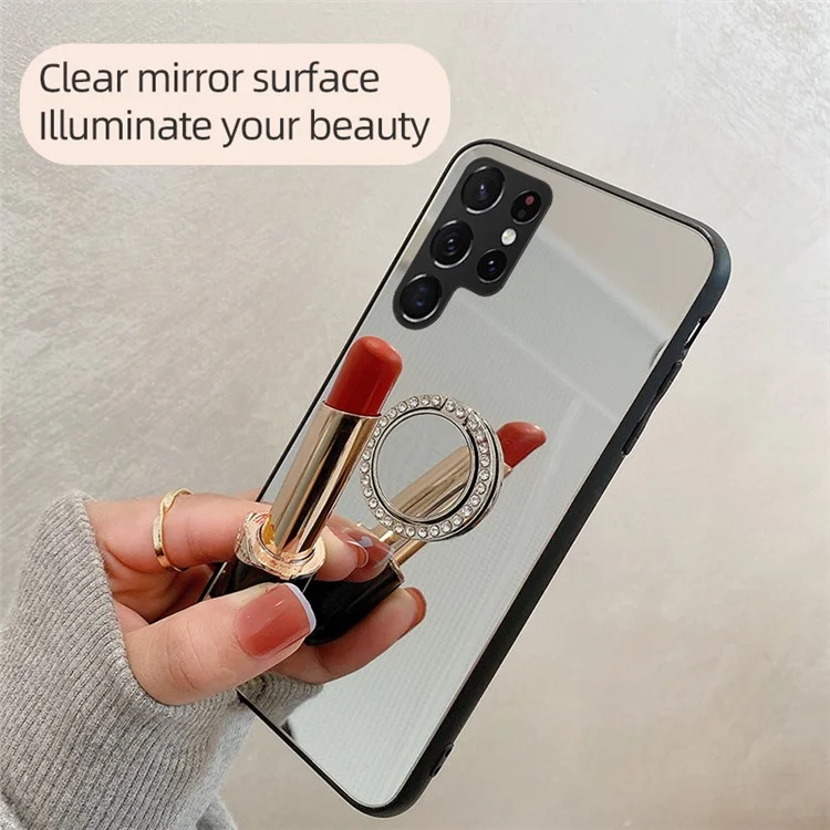 ТПУ-рамка + зеркальная поверхность PC-кольца Kickstand Design Protective Hybrid Cases для Samsung Galaxy S22 Ultra 5G - Silver