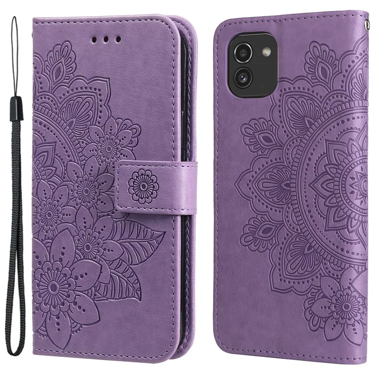Per Samsung Galaxy A03 (164,2 x 75,9 x 9,1 mm) Custodia protettiva a tutto tondo con stampa floreale, chiusura magnetica bidirezionale e supporto in pelle PU con cinturino da polso - Viola