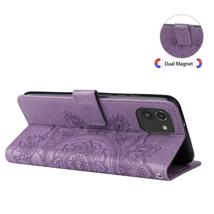 Per Samsung Galaxy A03 (164,2 x 75,9 x 9,1 mm) Custodia protettiva a tutto tondo con stampa floreale, chiusura magnetica bidirezionale e supporto in pelle PU con cinturino da polso - Viola