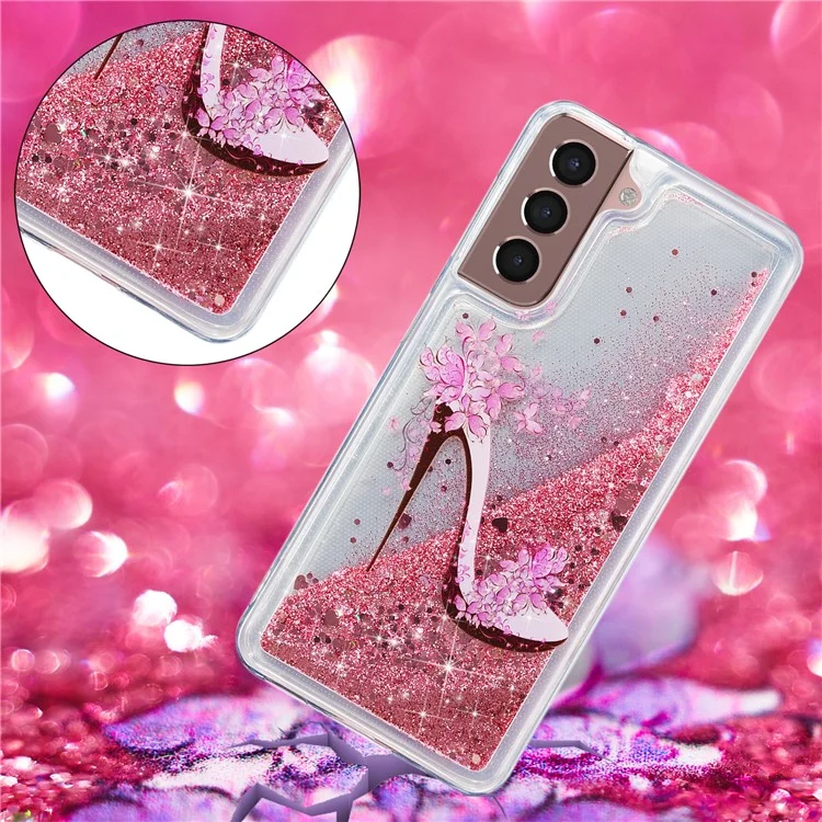 Glitter Bling Powder Quicksand Case Pattern Printing Anti-Drop TPU Back Protective Cover for Samsung Galaxy S22+ 5G - High Heel