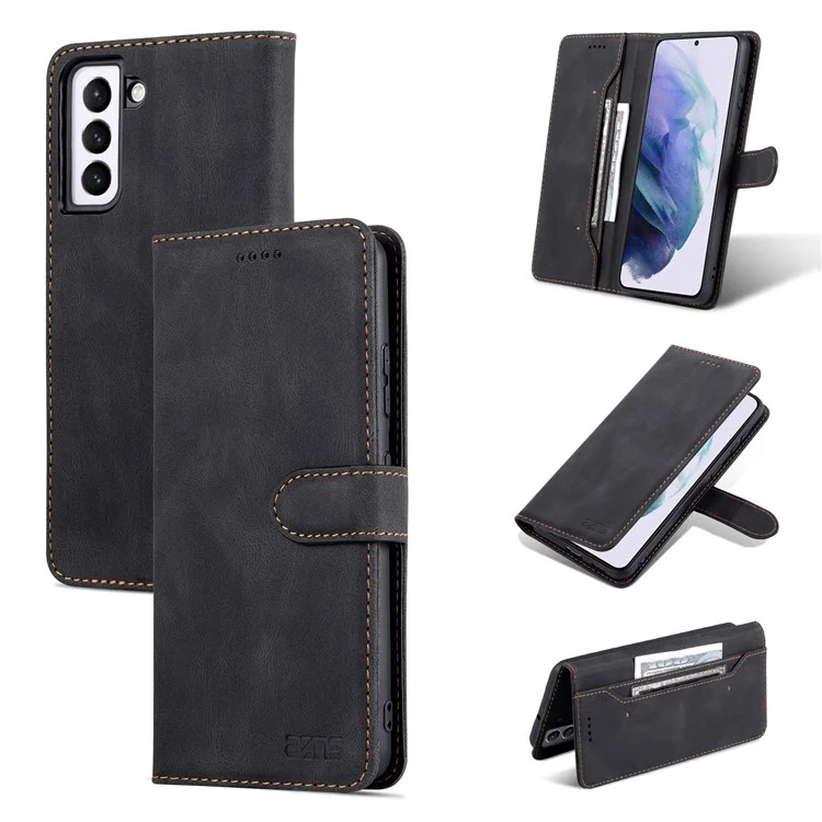Azns Wallet Stand PU Couro Completo Caixa de Telefone Full Caixa Para Samsung Galaxy S22+ 5G - Preto