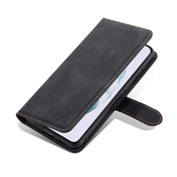 Azns Wallet Stand PU Couro Completo Caixa de Telefone Full Caixa Para Samsung Galaxy S22+ 5G - Preto