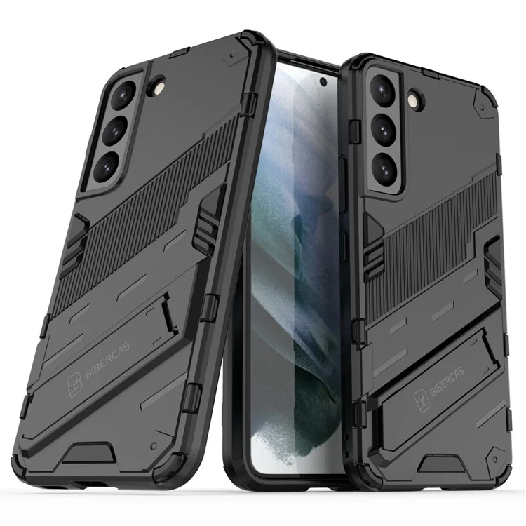 Kickstand Design Flexible TPU + Hard PC Back Phone Cover Anti-Scratch Cellphone Case for Samsung Galaxy S22 5G - Black