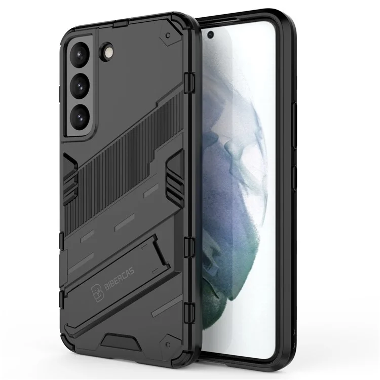 Kickstand Design Flexible TPU + Hard PC Back Phone Cover Anti-Scratch Cellphone Case for Samsung Galaxy S22 5G - Black