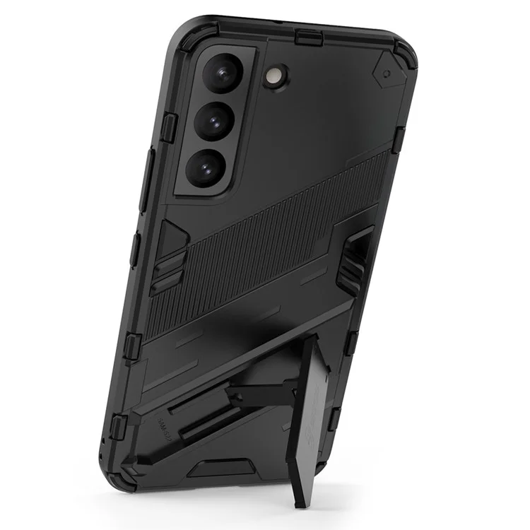 Kickstand Design Flexible TPU + Hard PC Back Phone Cover Anti-Scratch Cellphone Case for Samsung Galaxy S22 5G - Black