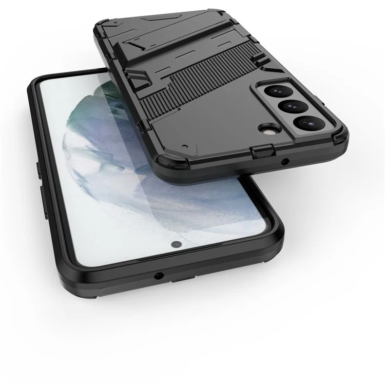 Kickstand Design Flexible TPU + Hard PC Back Phone Cover Anti-Scratch Cellphone Case for Samsung Galaxy S22 5G - Black