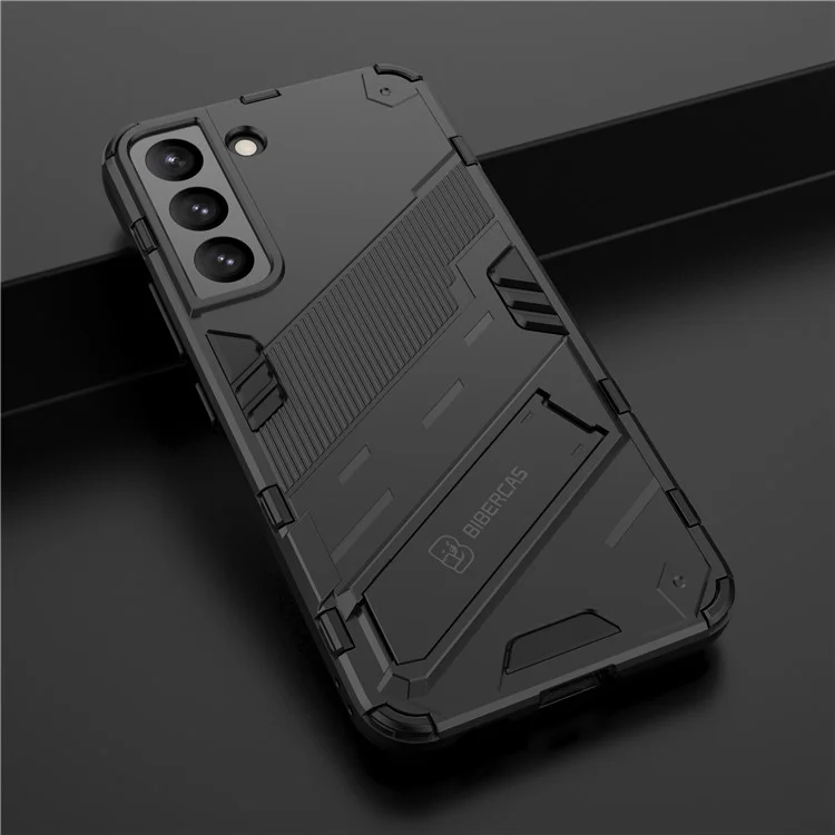 Kickstand Design Flexible TPU + Hard PC Back Phone Cover Anti-Scratch Cellphone Case for Samsung Galaxy S22 5G - Black