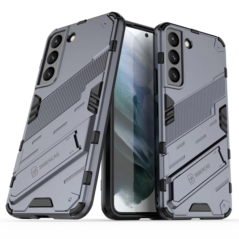 Kickstand Design Flexible TPU + Hard PC Back Phone Cover Anti-Scratch Cellphone Case for Samsung Galaxy S22 5G - Dark Blue