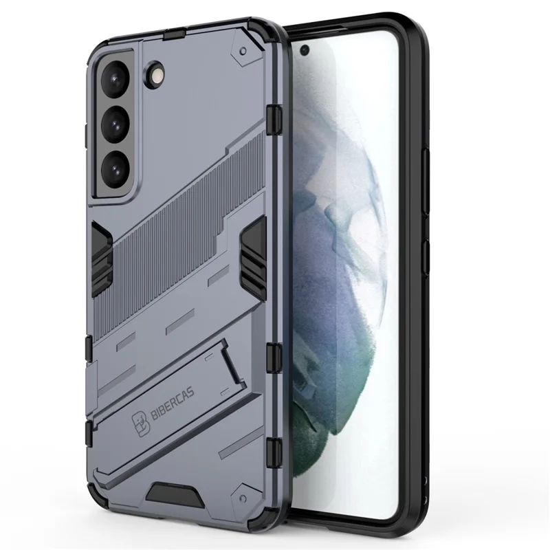 Kickstand Design Flexible TPU + Hard PC Back Phone Cover Anti-Scratch Cellphone Case for Samsung Galaxy S22 5G - Dark Blue