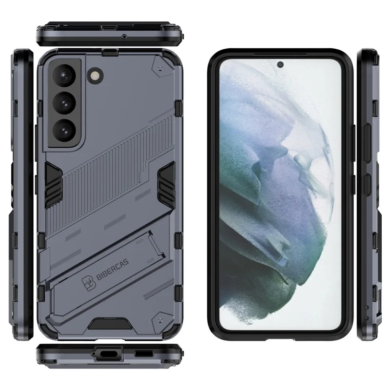 Kickstand Design Flexible TPU + Hard PC Back Phone Cover Anti-Scratch Cellphone Case for Samsung Galaxy S22 5G - Dark Blue