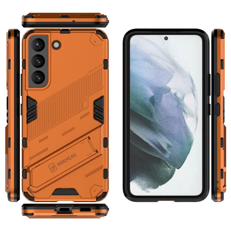 Kickstand Design Flexible TPU + Hard PC Back Phone Cover Anti-Scratch Cellphone Case for Samsung Galaxy S22 5G - Orange