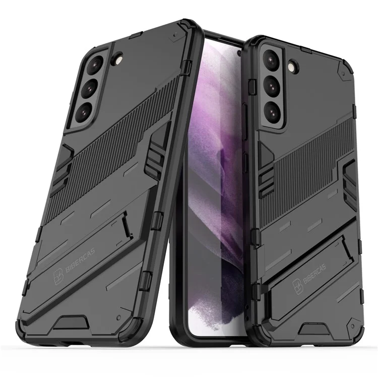 Мягкий TPU + жесткий PC-задняя панель телефона Противоскользящий чехол для сотового телефона с подставкой для Samsung Galaxy S22+ 5G - Черный