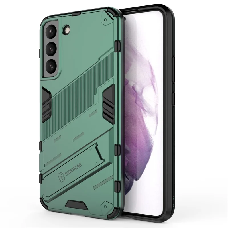 Soft TPU + Hard PC Back Phone Cover Anti-Scratch Cellphone Case with Kickstand for Samsung Galaxy S22+ 5G - Green