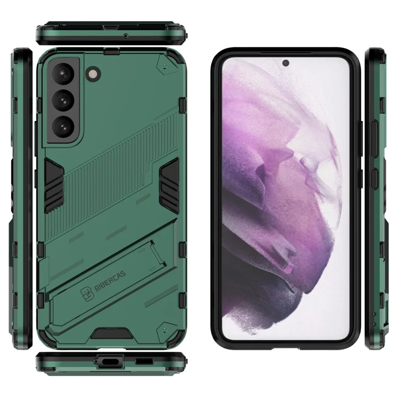 Soft TPU + Hard PC Back Phone Cover Anti-Scratch Cellphone Case with Kickstand for Samsung Galaxy S22+ 5G - Green