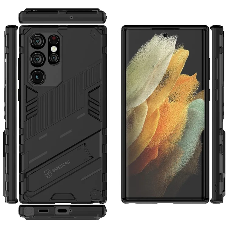 Coque arrière de téléphone cellulaire en TPU antichoc + PC avec support pour Samsung Galaxy S22 Ultra 5G - Noir