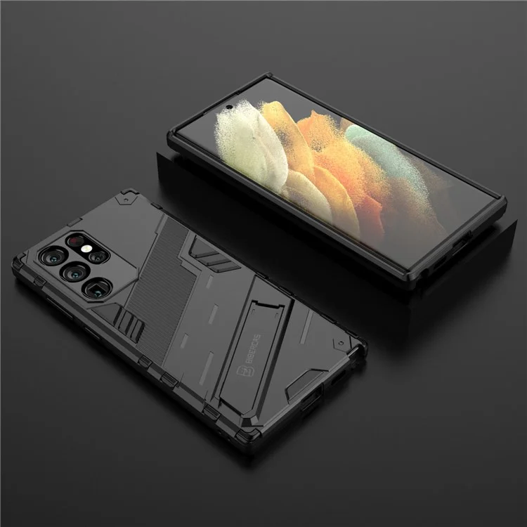 Shockproof TPU + PC Phone Back Cover Cellphone Case with Kickstand for Samsung Galaxy S22 Ultra 5G - Black