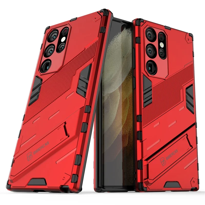 Shockproof TPU + PC Phone Back Cover Cellphone Case with Kickstand for Samsung Galaxy S22 Ultra 5G - Red